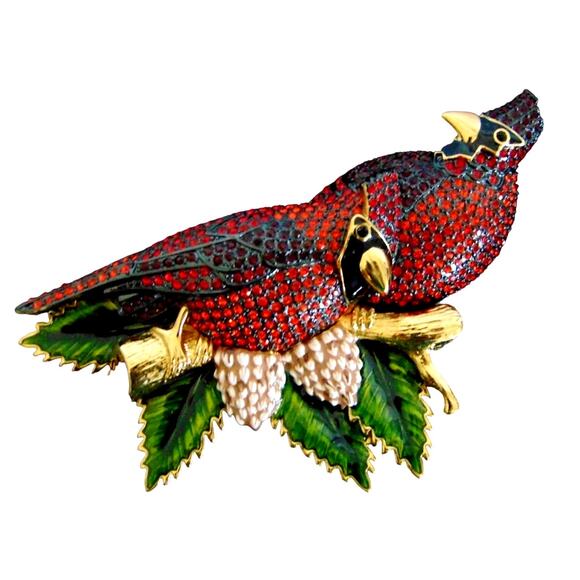 Joan Rivers BROOCH PIN Pair RED CARDINAL BIRDS Perched LG 4" Crystal Rhinestones - Picture 1 of 6